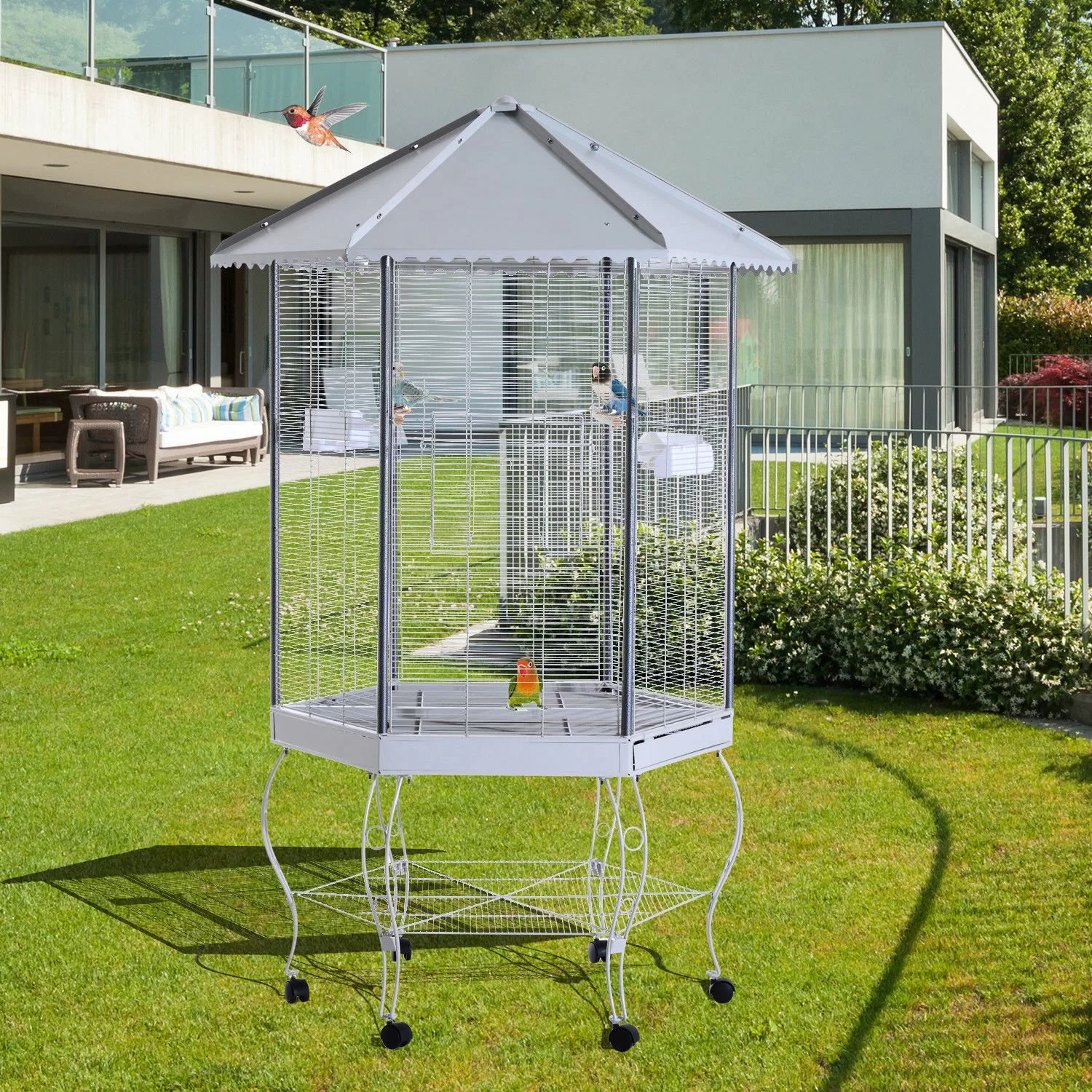 【Pet】Franconia 79'' Iron Pointed Top Flight Cage with Wheels