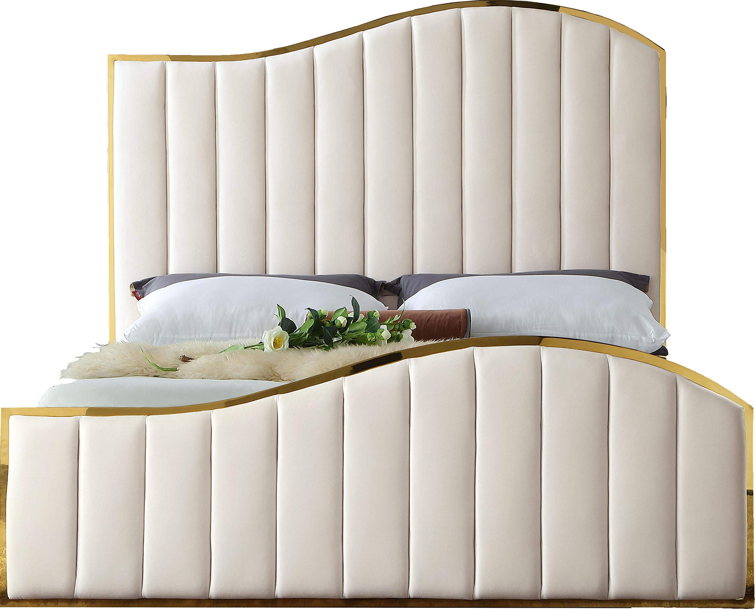 【Furniture】Contemporary Velvet Upholstered Bed With Channel Tufting & Polished Gold Metal Frame, King