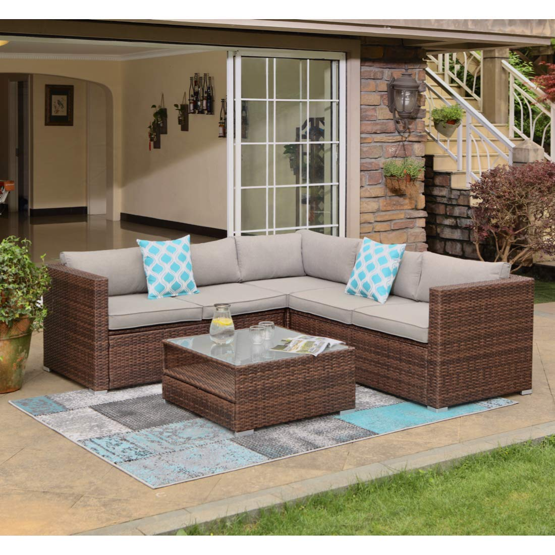 【Furniture】4-Pc Outdoor Furniture Set All-Weather Wicker Sofa w Thick Cushions, Glass Coffee Table, 2 Pillows