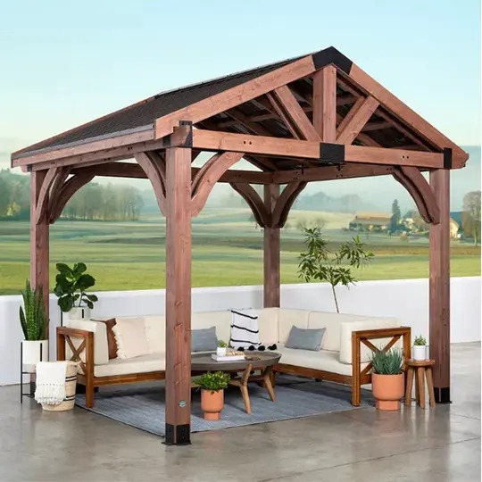 【Gazebo】10 x 12 ft. Solid Wood Patio Gazebo, Premium Cedar Framed Gazebo for Garden, Patio, Backyard