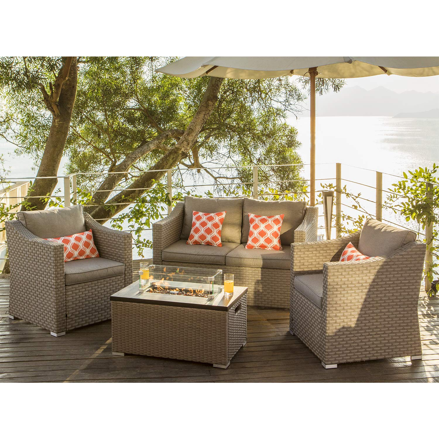 【Furniture】5-Pc Fire Pit Table Outdoor Furniture, Wicker Conversation Set, 4 Pillows w 32