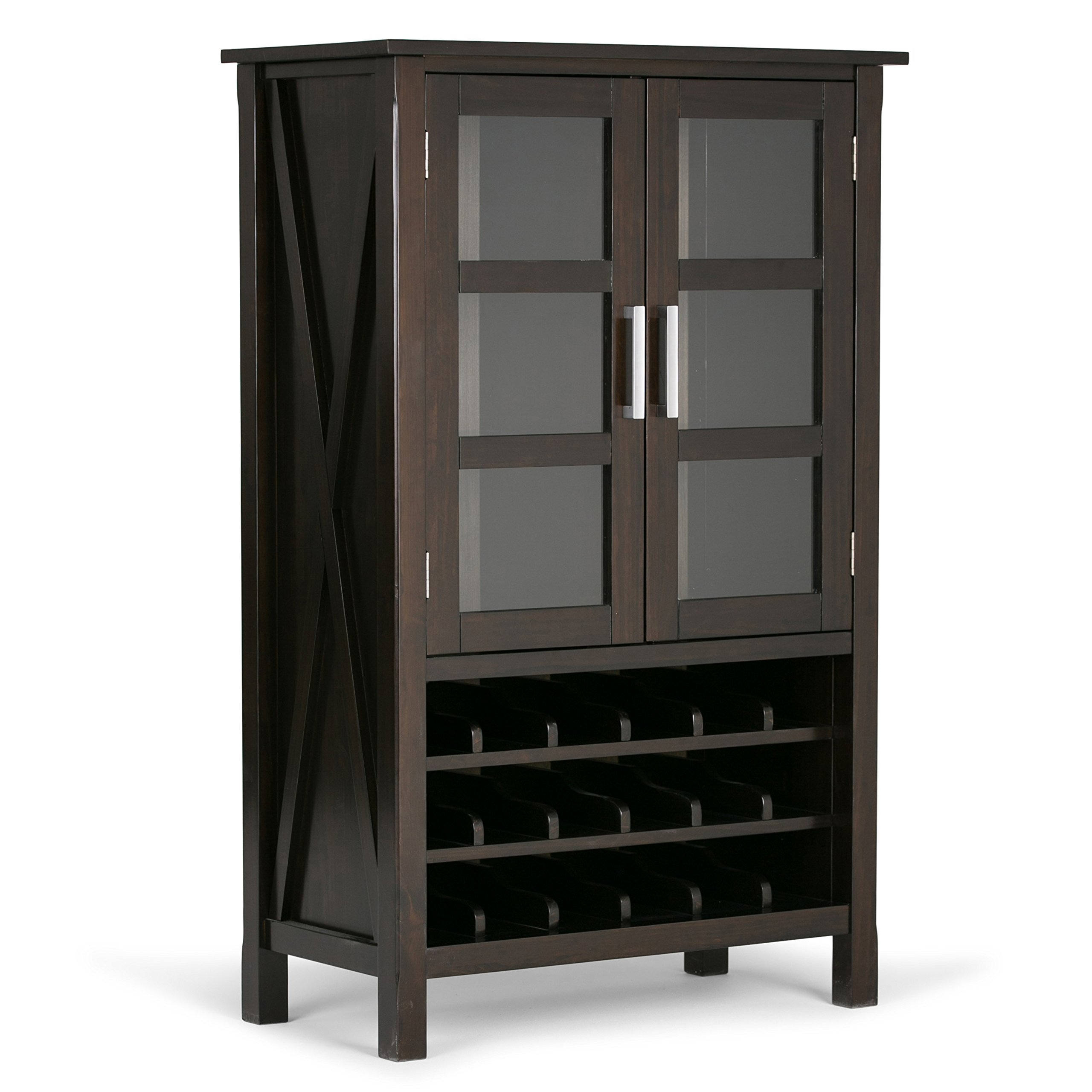 【Furniture】Kitchener 18-Bottle SOLID WOOD 32 inch Wide Contemporary High Storage Wine Rack Cabinet