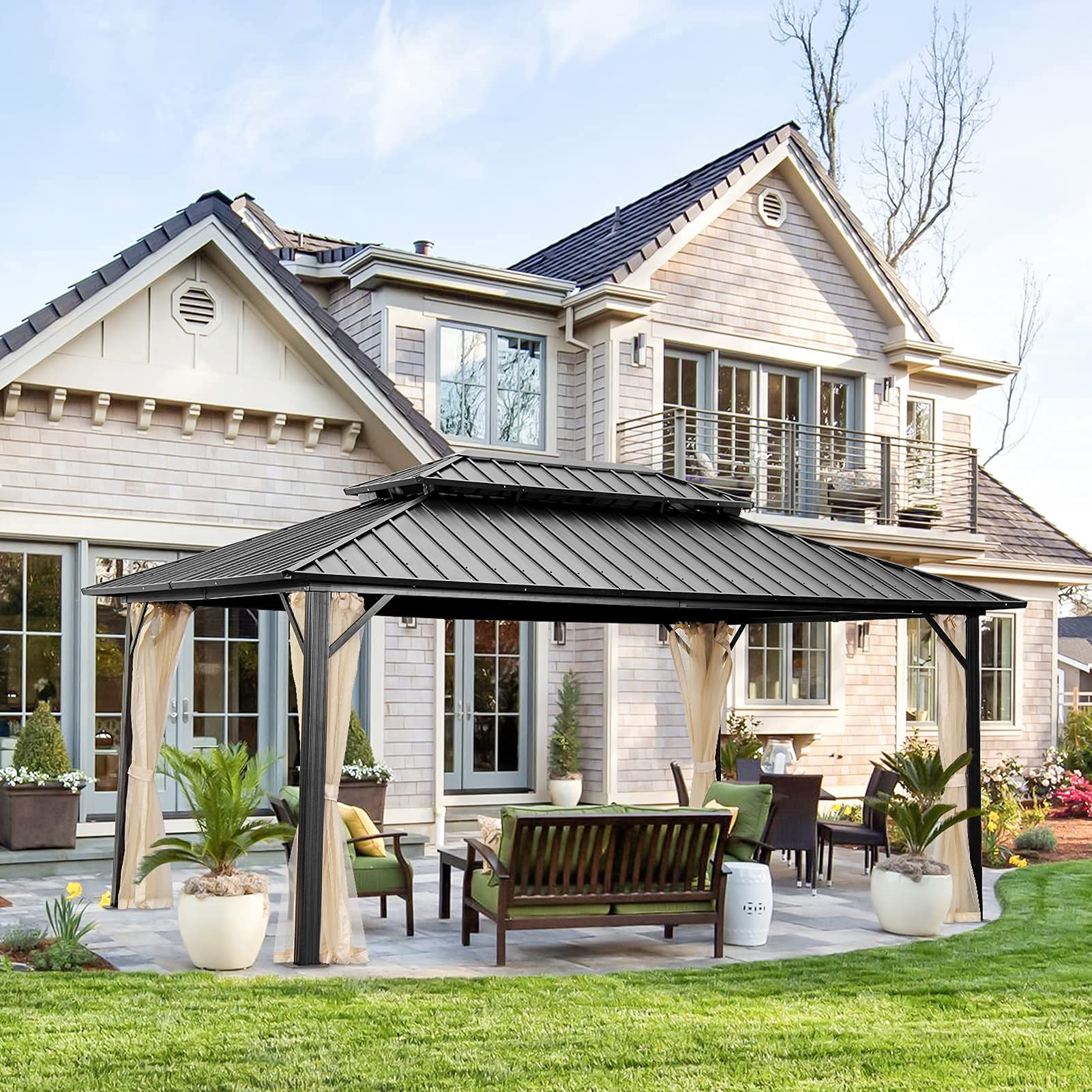 【Gazebo】12x16 Outdoor Patio Hardtop Gazebo with Netting, Galvanized Steel Double Roof Canopy Gazebo