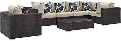 Modway EEI-2157-EXP-TRQ-SET 7 Piece Convene Wicker Rattan Outdoor Patio Sectional Sofa Furniture Set, Seating For Five, Turquoise