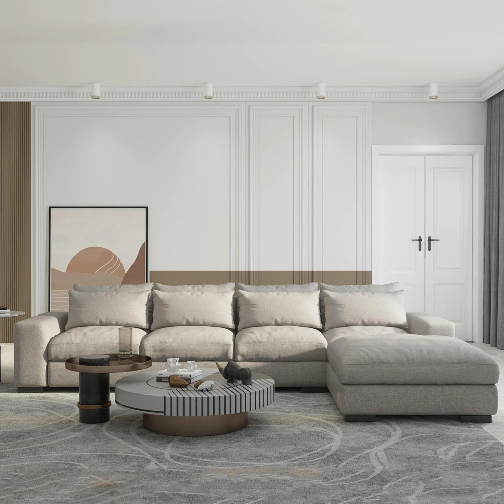 Modern Sectional Sofa with Ottoman, Linen, Corner Sectional Sofa For Lining Room, 140.15'', Beige