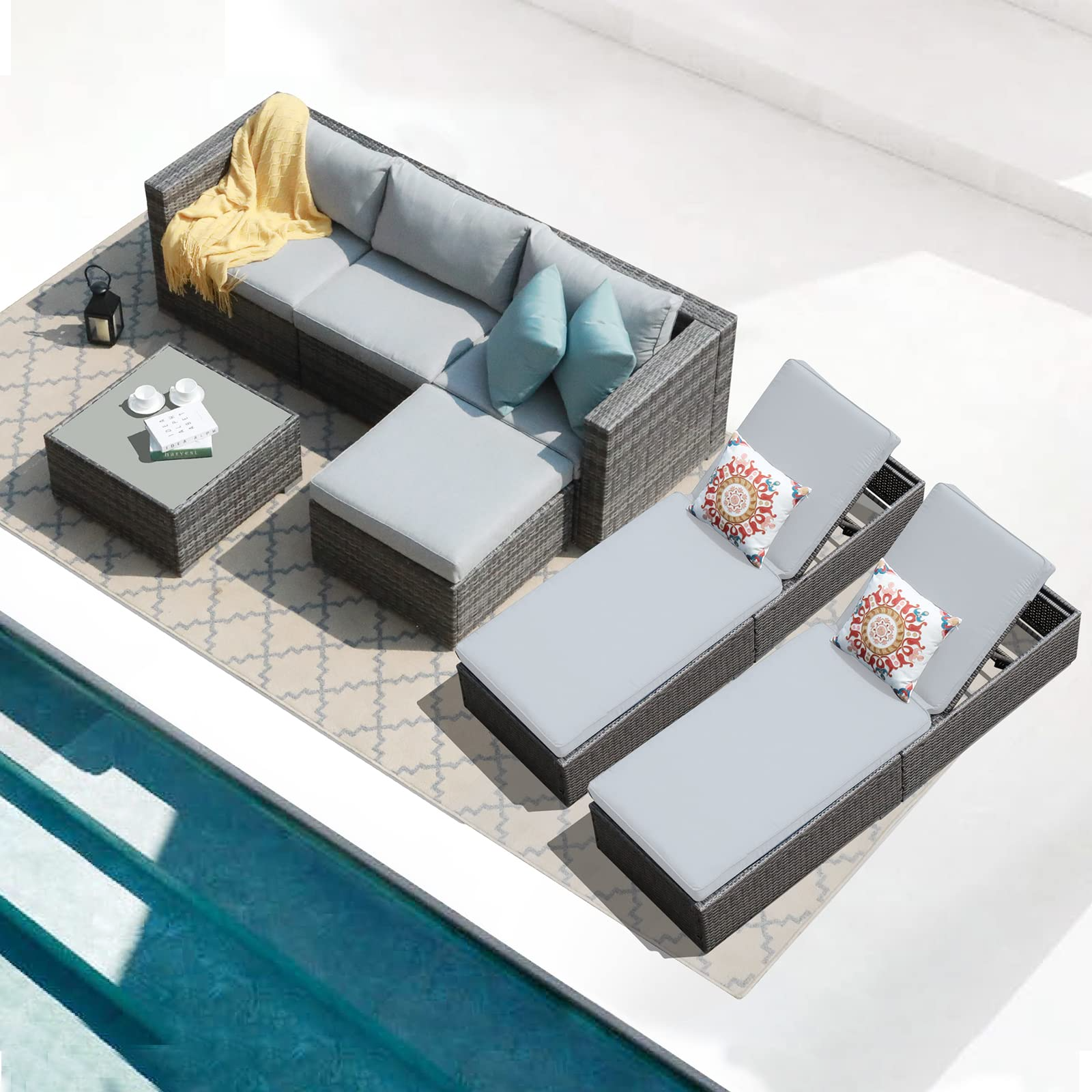 【Furniture】7 Pcs Outdoor Patio Furniture Set, All Weather Grey PE Wicker Rattan Sectional Conversation Set