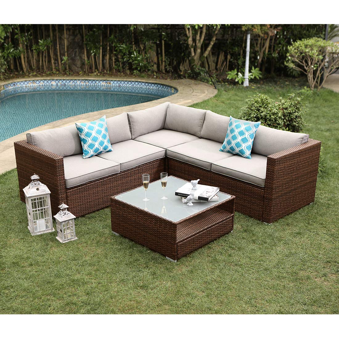【Furniture】4-Pc Outdoor Furniture Set All-Weather Wicker Sofa w Thick Cushions, Glass Coffee Table, 2 Pillows