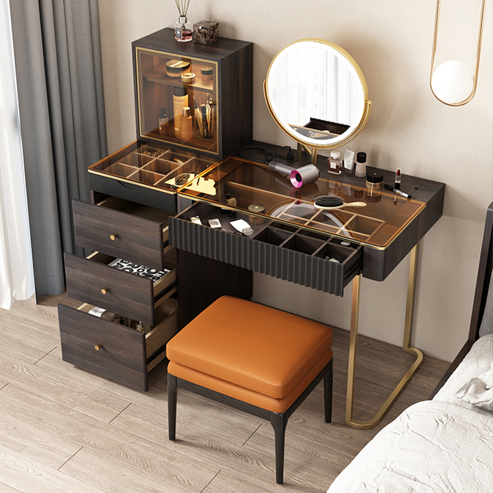 Wood Makeup Vanity Table Set with LED Lighted Mirror, Tempered Glass Top, 5 Drawers, Gold Stainless Steel Legs, Stool, 47.2