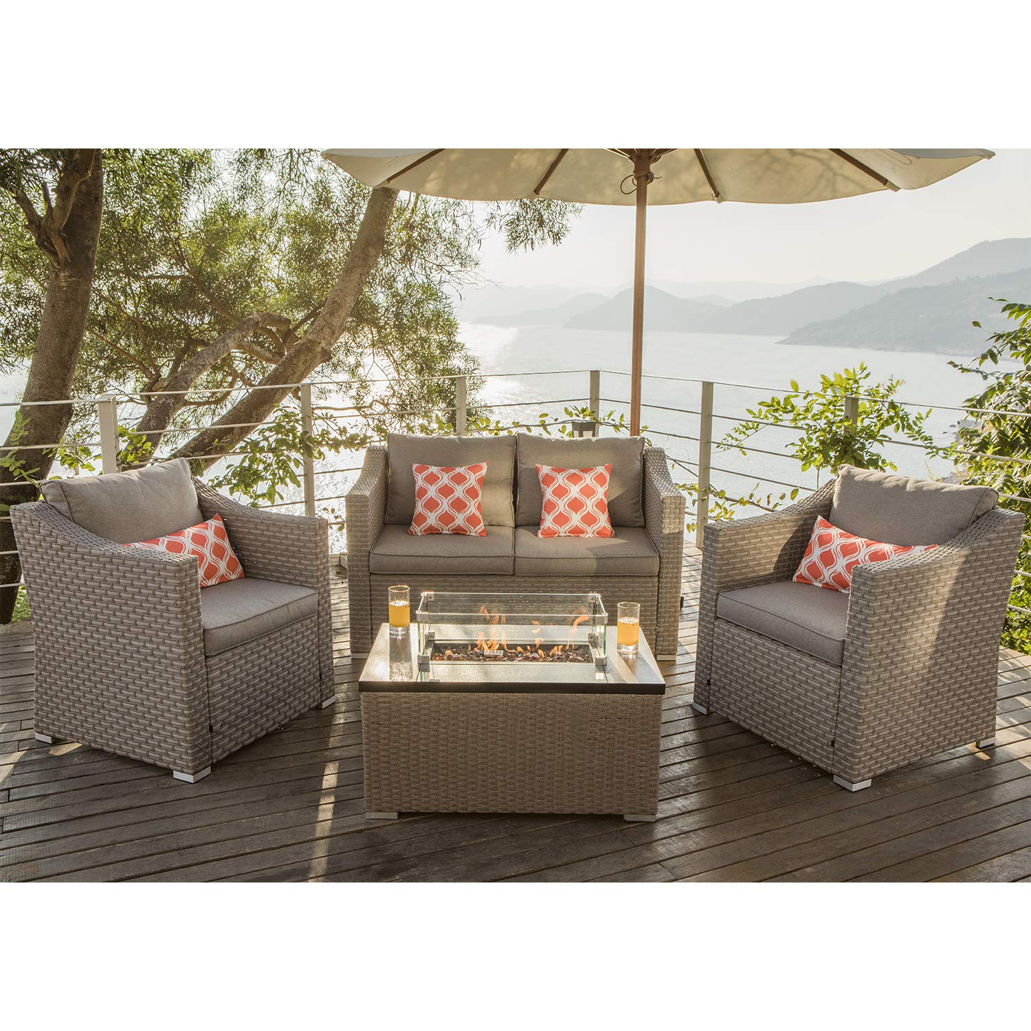 【Furniture】5-Pc Fire Pit Table Outdoor Furniture, Wicker Conversation Set, 4 Pillows w 32
