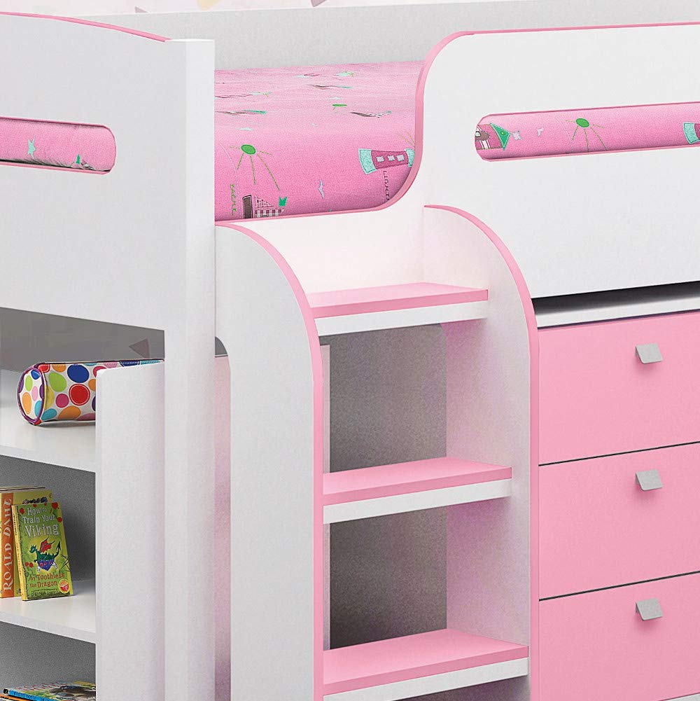 【Furniture】【BS】Kids Mid Sleeper Bed, Wood Contemporary Desk Drawers Shelf Storage Bed with Pocket Sprung Mattress
