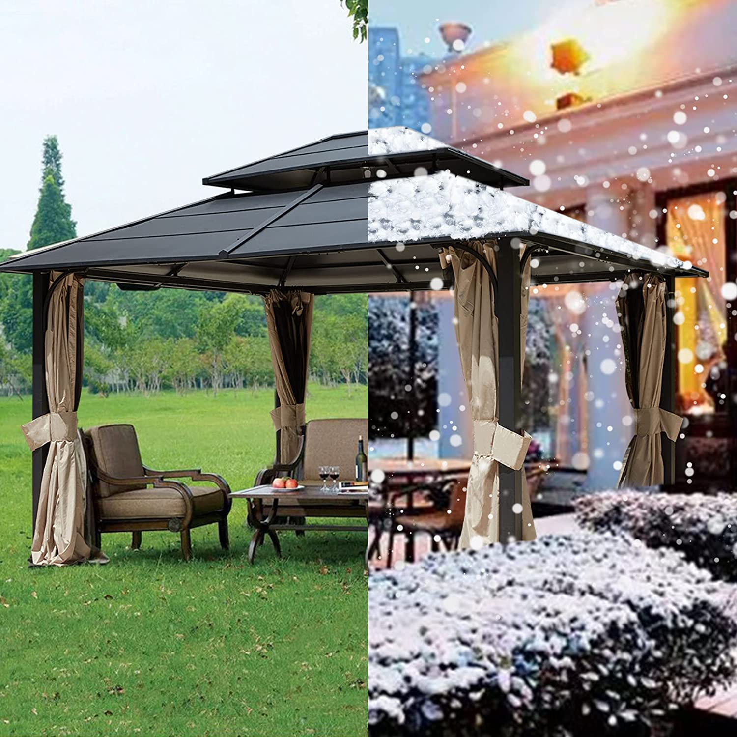 【Gazebo】12' x 14' Hard Top Gazebo, Iron Double Roof Gazebo w Curtains &Netting