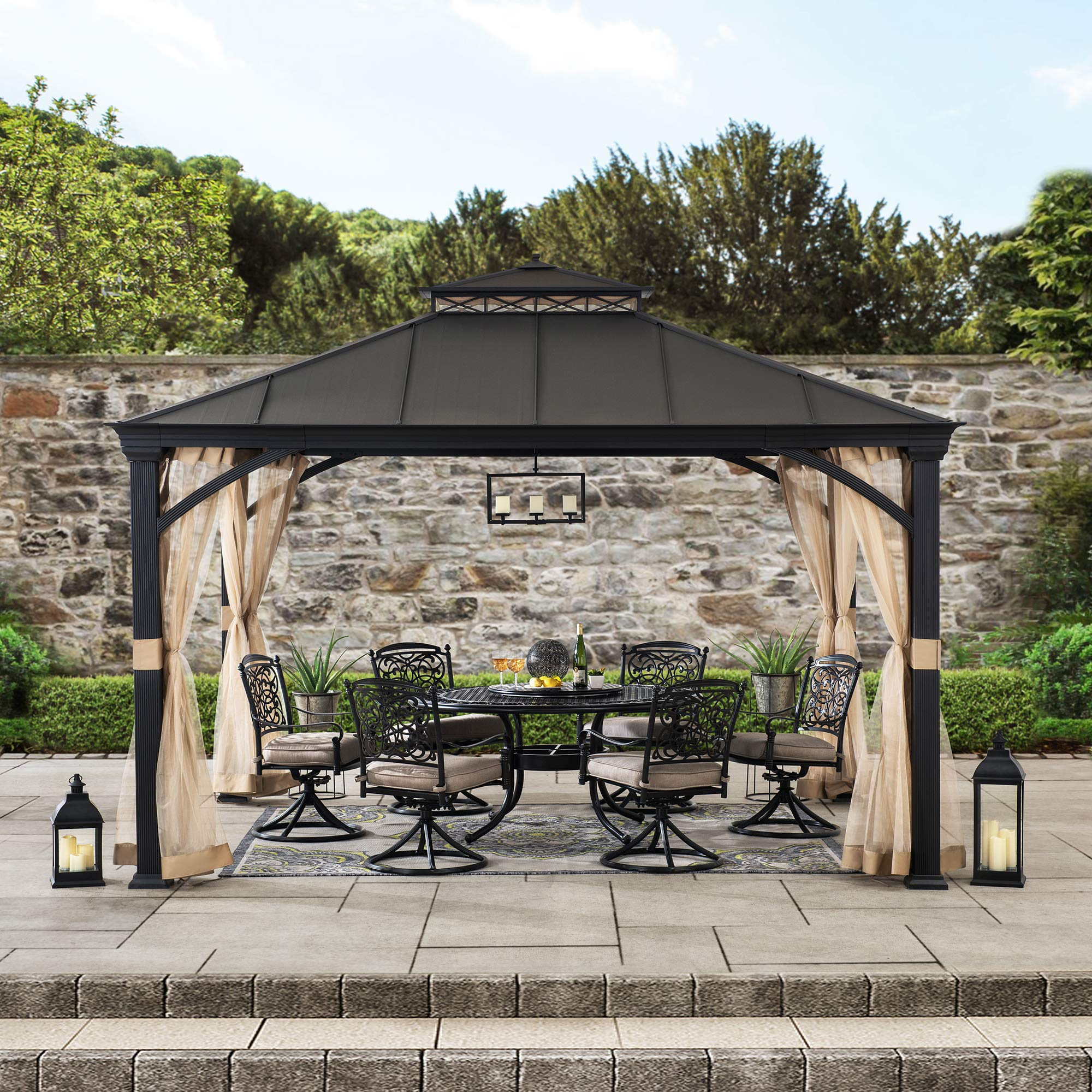 【Gazebo】10.5x12.5 ft. Outdoor Patio Black Steel Frame Hardtop Gazebo with 2-Tier Steel Roof & Mesh Netting