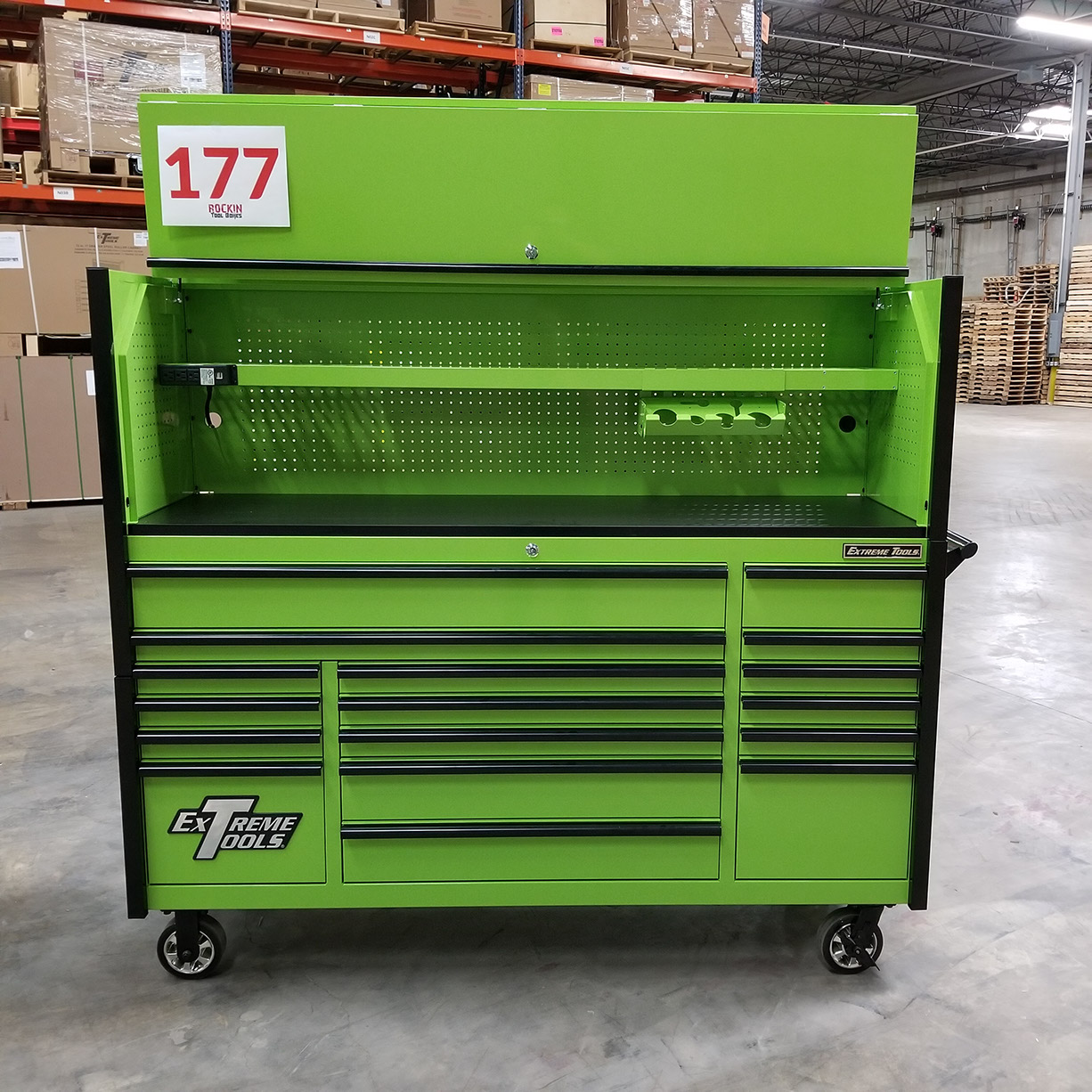 n- used toolboxScratch & Dent, Extreme Tools DX Series 72 x 21 Triple Bank Roller & Hutch Combo in Green-Black C Showroom Demon-