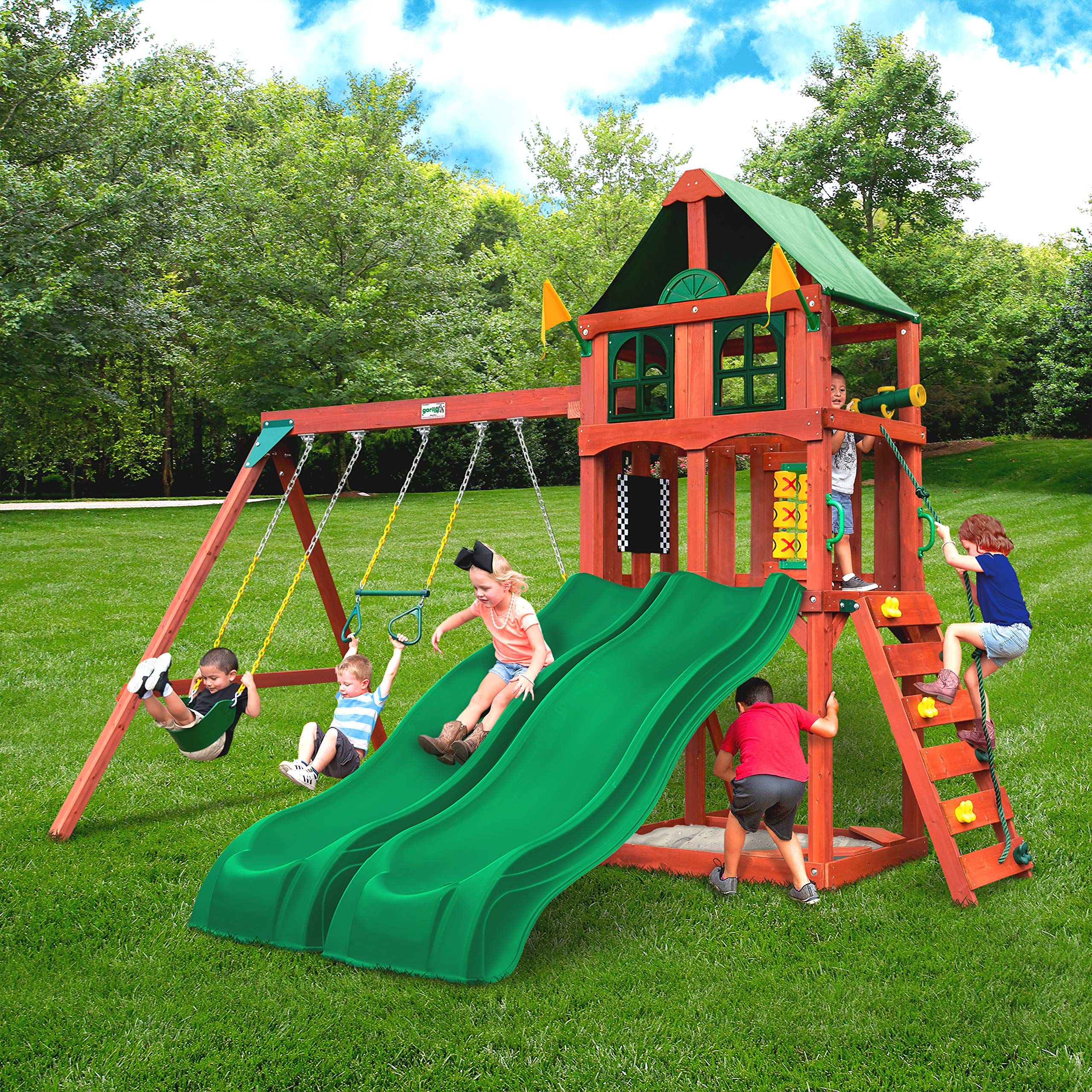 【Sports & Outdoor】Deluxe Wooden Swing Set with Vinyl Canopy Roof, Dual Wave Slides, and Rock Climbing Wall