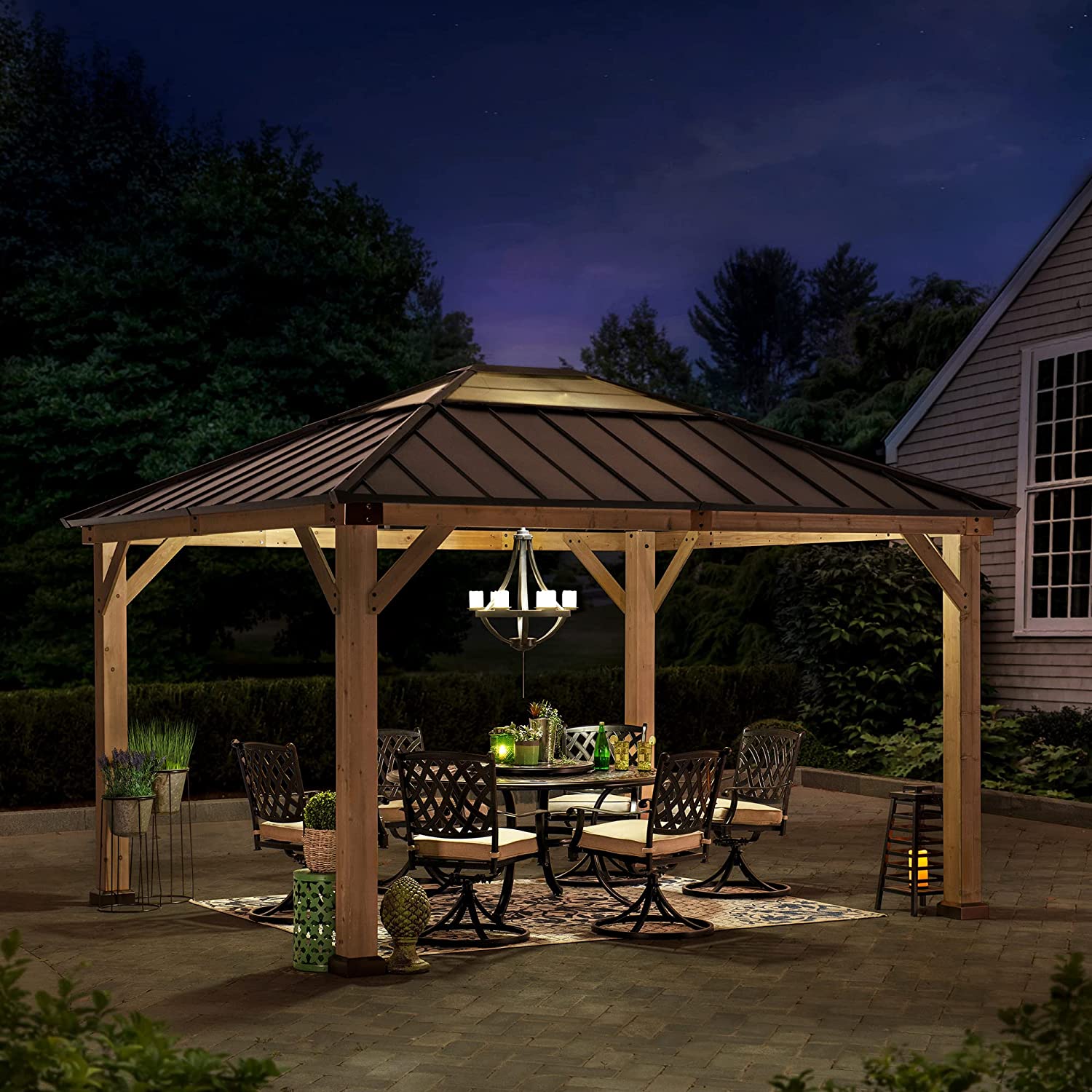 【Gazebo】Outdoor Patio 11x13 ft. Cedar Framed Wood Gazebo with Brown Steel, Roof Hardtop