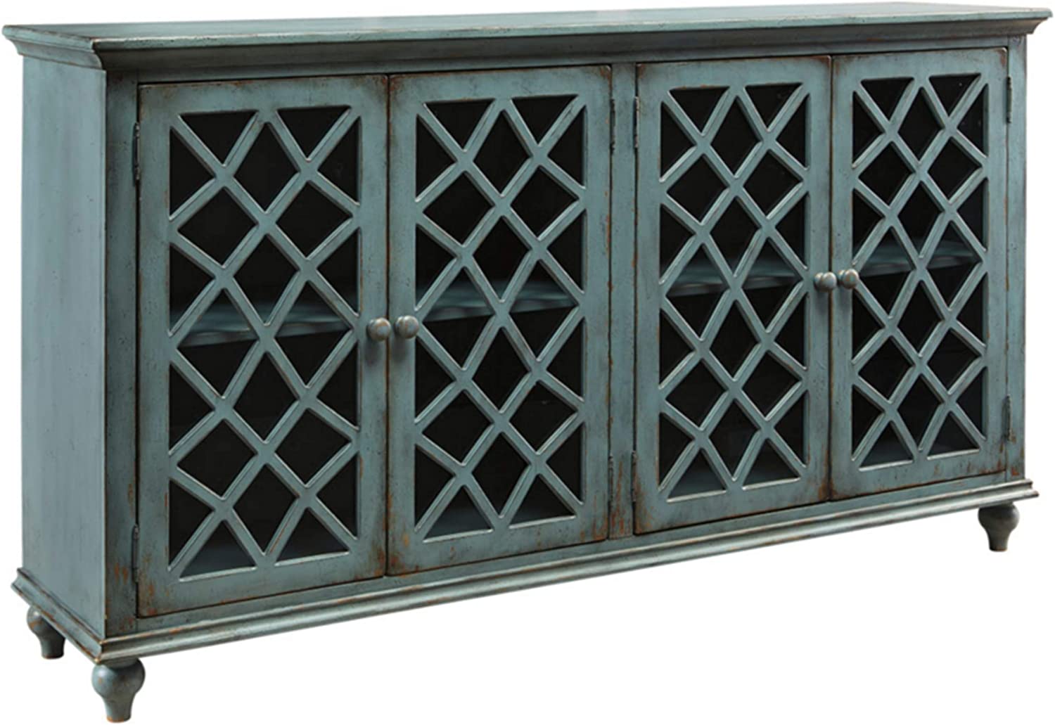 Signature Design by Ashley Mirimyn Vintage 69" 4-Door Accent Cabinet with Mirrored Glass and 2 Adjustable Shelves, Antique Blue
