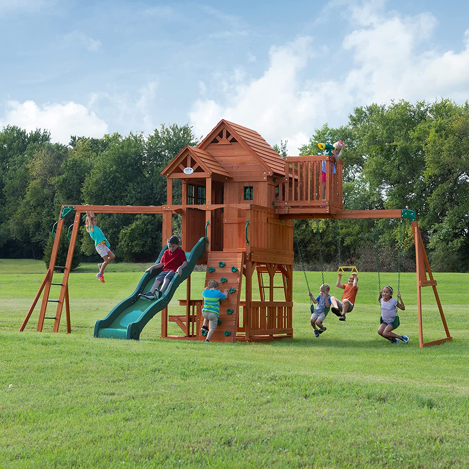 Backyard Discovery, Skyfort II Playground Cedar Wood Swing Set with Playhouse Fort, Sandbox, Picnic Table, Slide, Monkey Bars, Swings, Rock Climber, Outdoor Playset for kids Age 3-10 years