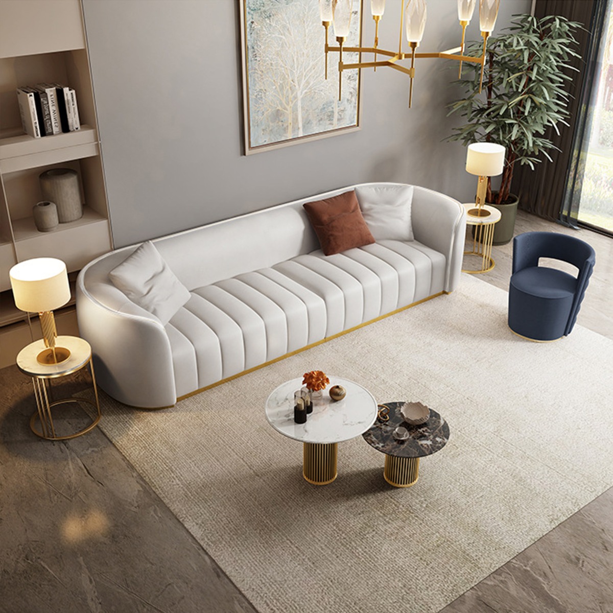 Modern Luxury Sofa White Nappa Leather Upholstery, 3-Seat Sofa with Surrounded Backrest