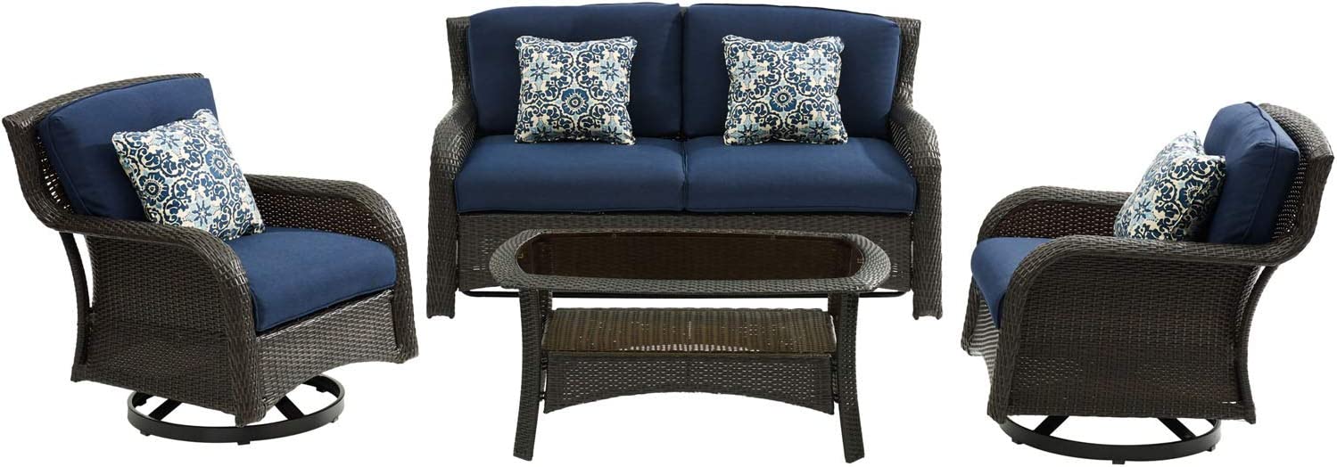 Hanover Strathmere 6-Piece Patio Conversation Set with Sofa, 2 Arm Chairs, 2 Ottomans, Accent Pillows and Tempered Glass-Top Coffee Table