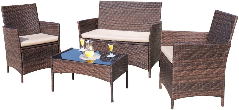 Homall 4 Pieces Patio Rattan Chair Wicker, Outdoor Indoor Use Backyard Porch Garden Poolside Balcony Furniture Sets