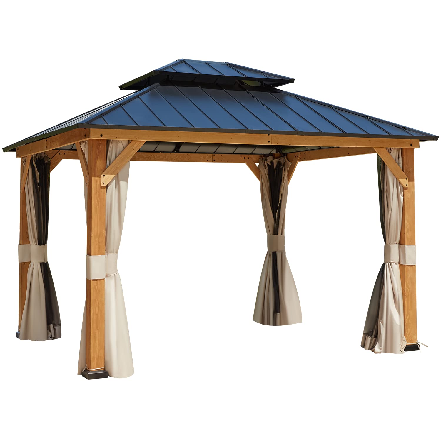 【Gazebo】11x13 Spruce Wood Gazebo, Outdoor Hardtop Gazebo with Privacy Curtains & Mosquito Netting