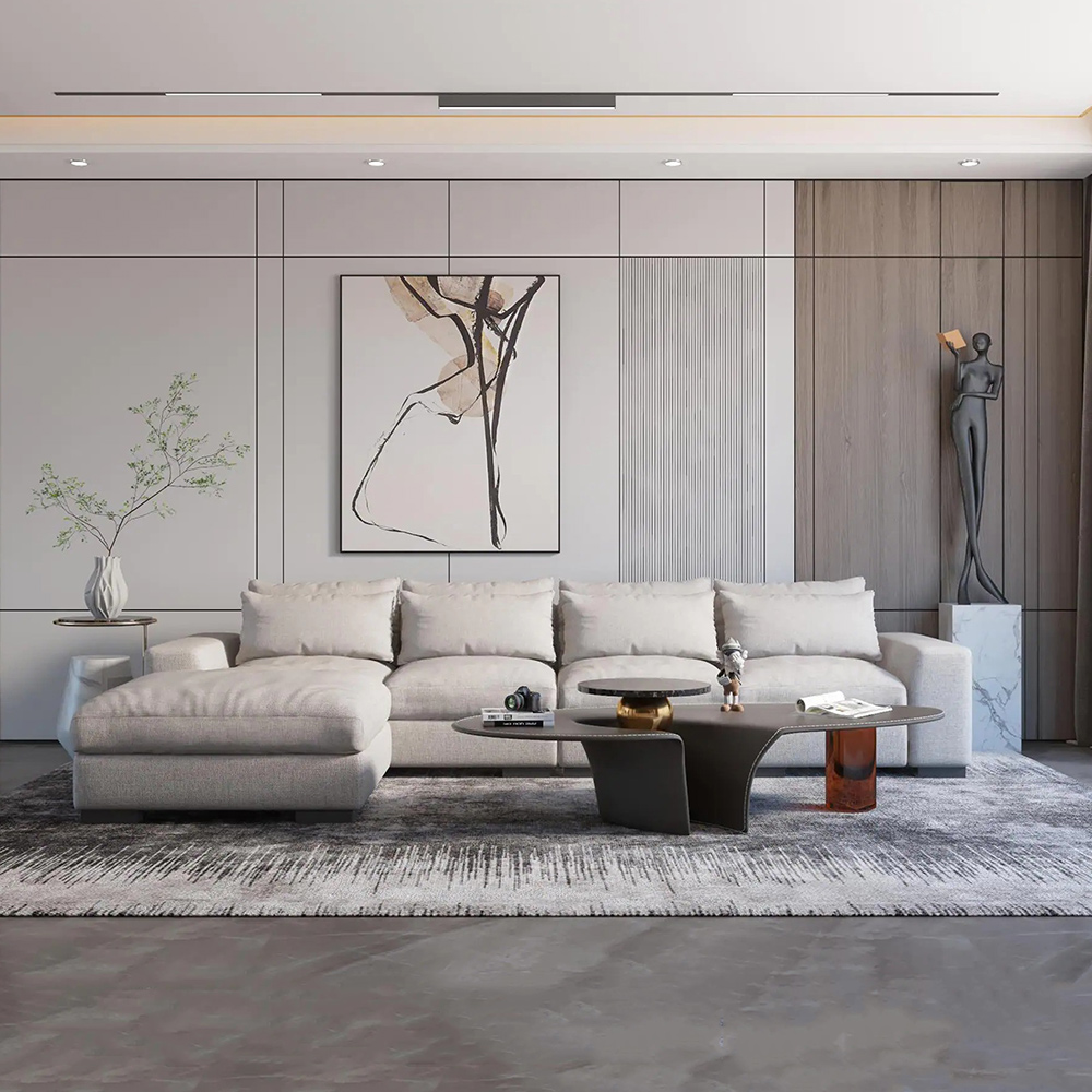 Modern Sectional Sofa with Ottoman, Linen, Corner Sectional Sofa For Lining Room, 140.15'', Beige