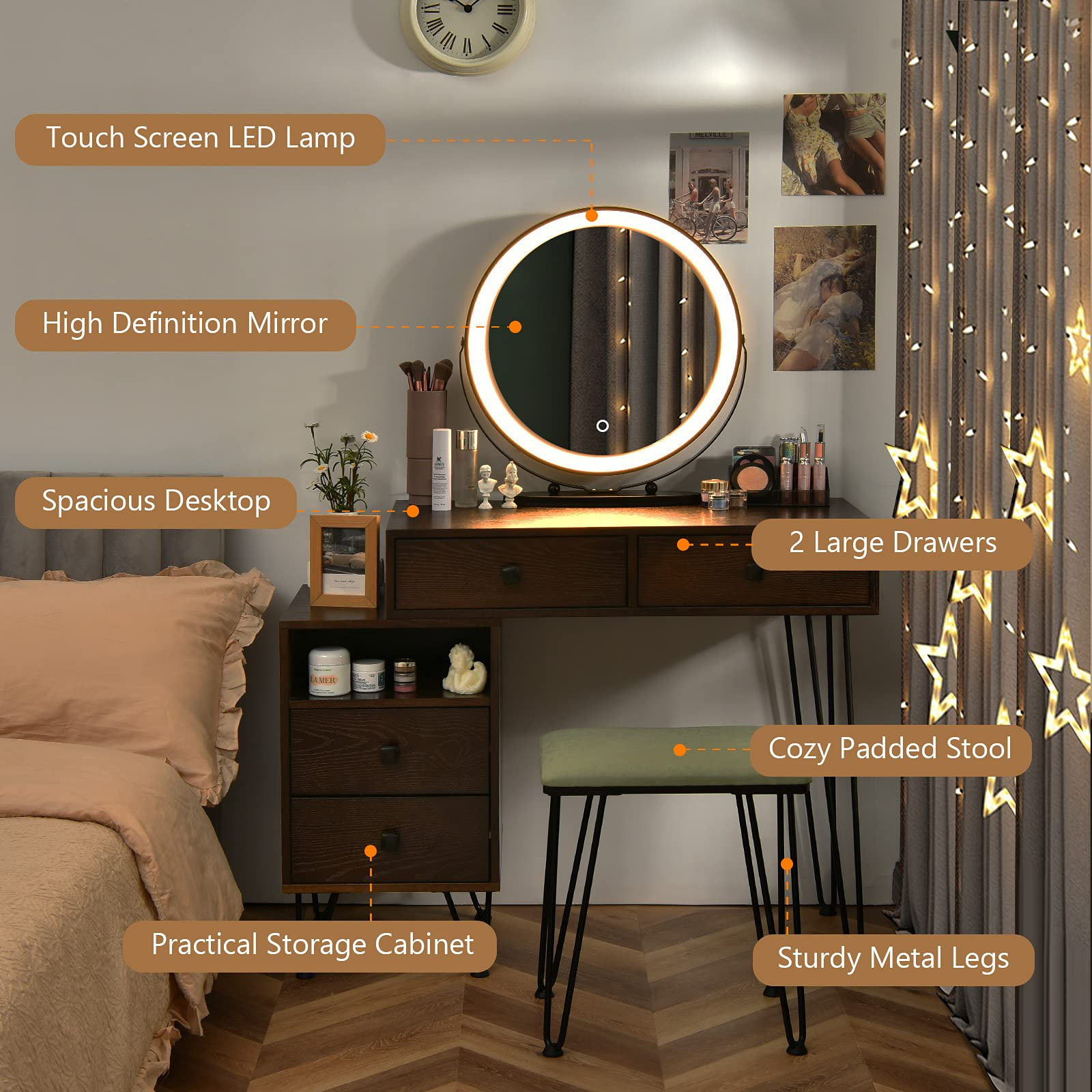 【Furniture】Vanity Set with 3 Colors Lighted Mirror