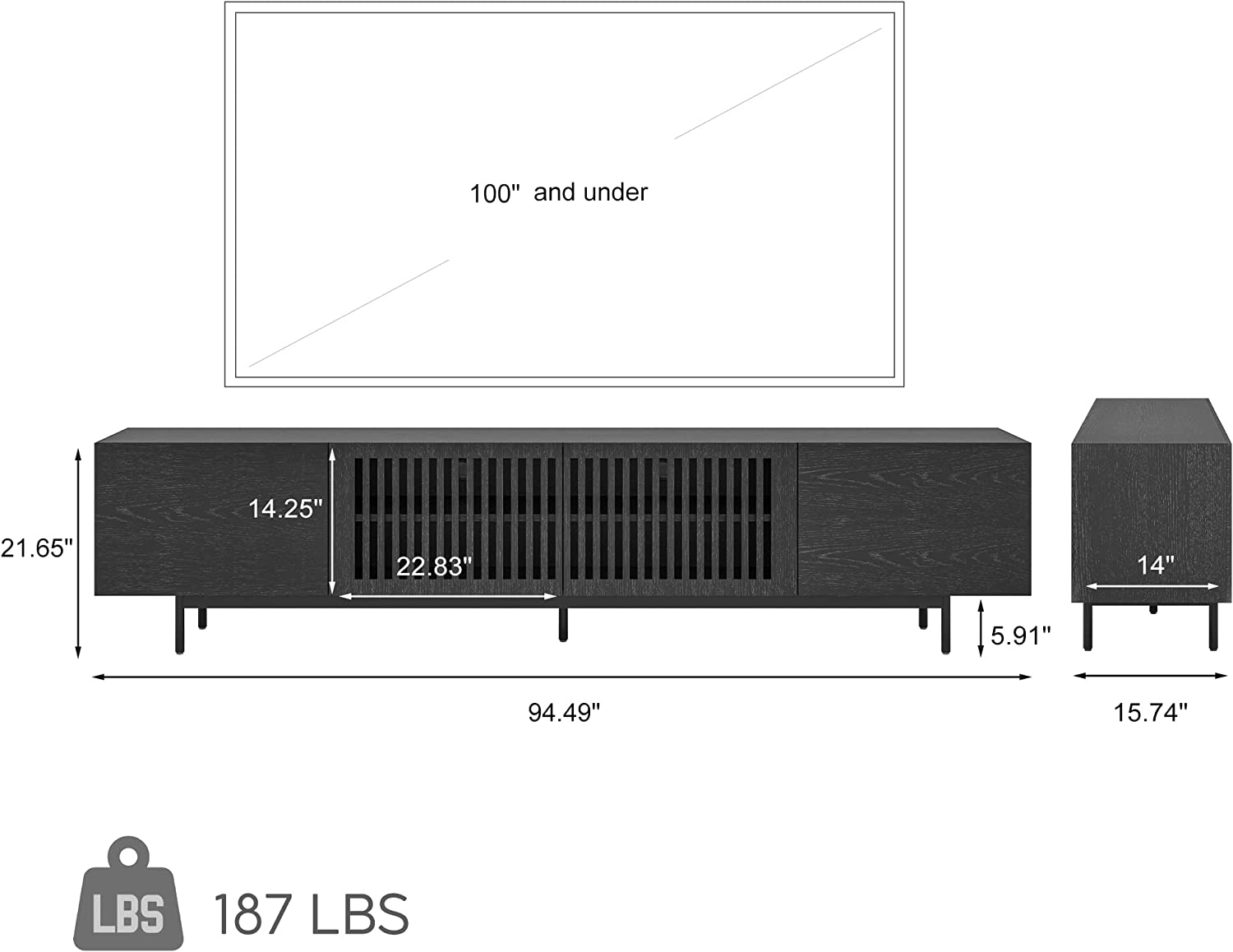 POVISON Modern Solid Wood TV Stand, Farmhouse Entertainment Center for 80 85 100 Inch TV, Slatted Media Console TV Cabinet with Tall-cast Metal Legs, Walnut Veneer, Fully-Assembled,