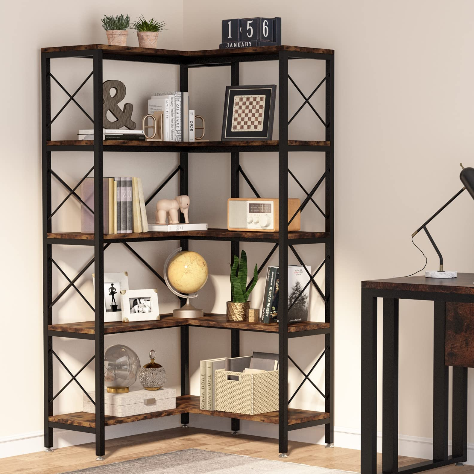 【Furniture】5-Shelf Corner Bookshelf, Large Modern Corner Bookcase, 5-Tier Tall Corner Shelf Storage Display Rack