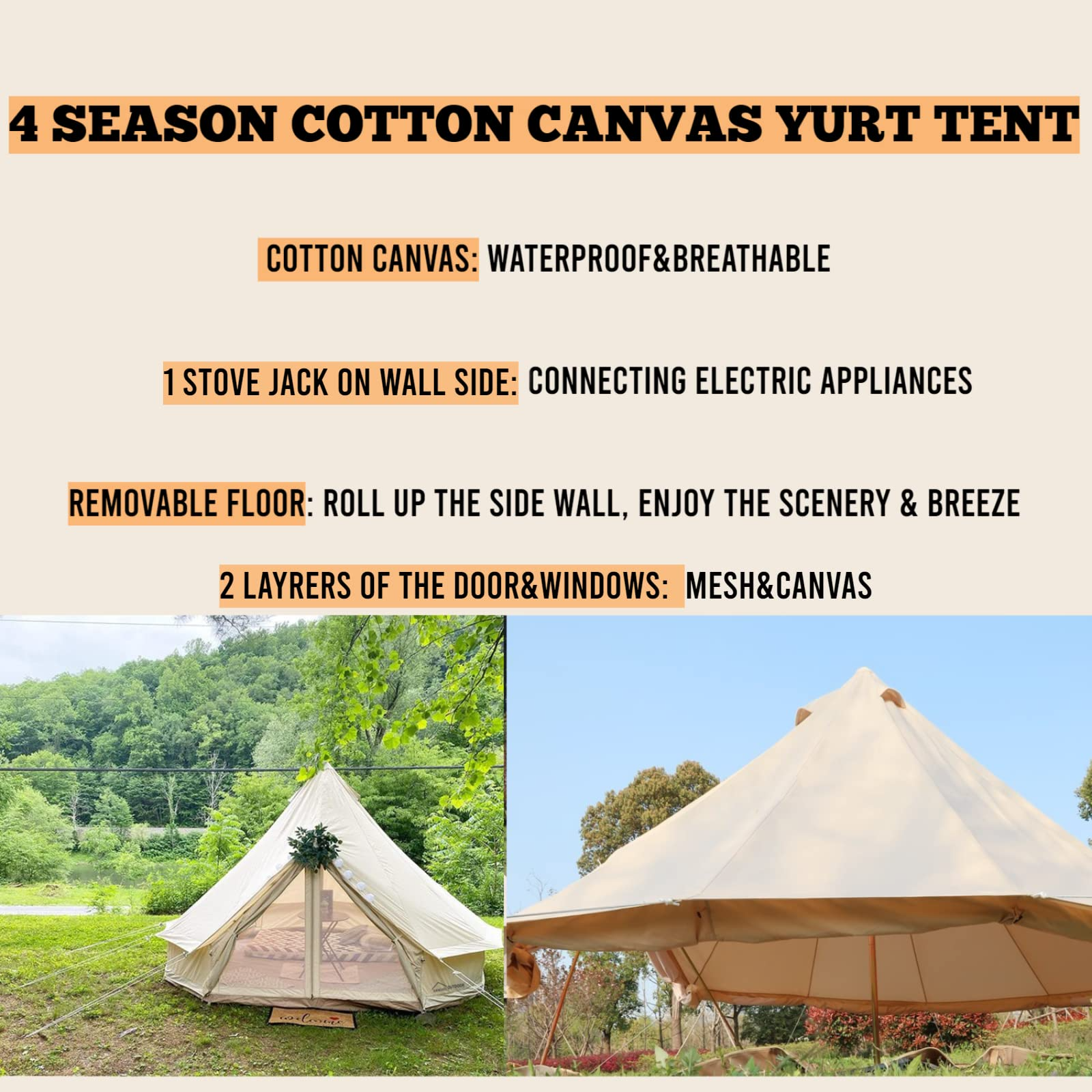 【Sports&Outdoors】Waterproof Cotton Canvas Yurt for Family Glamping, Durable Bell Tent for 2/4/6 Person