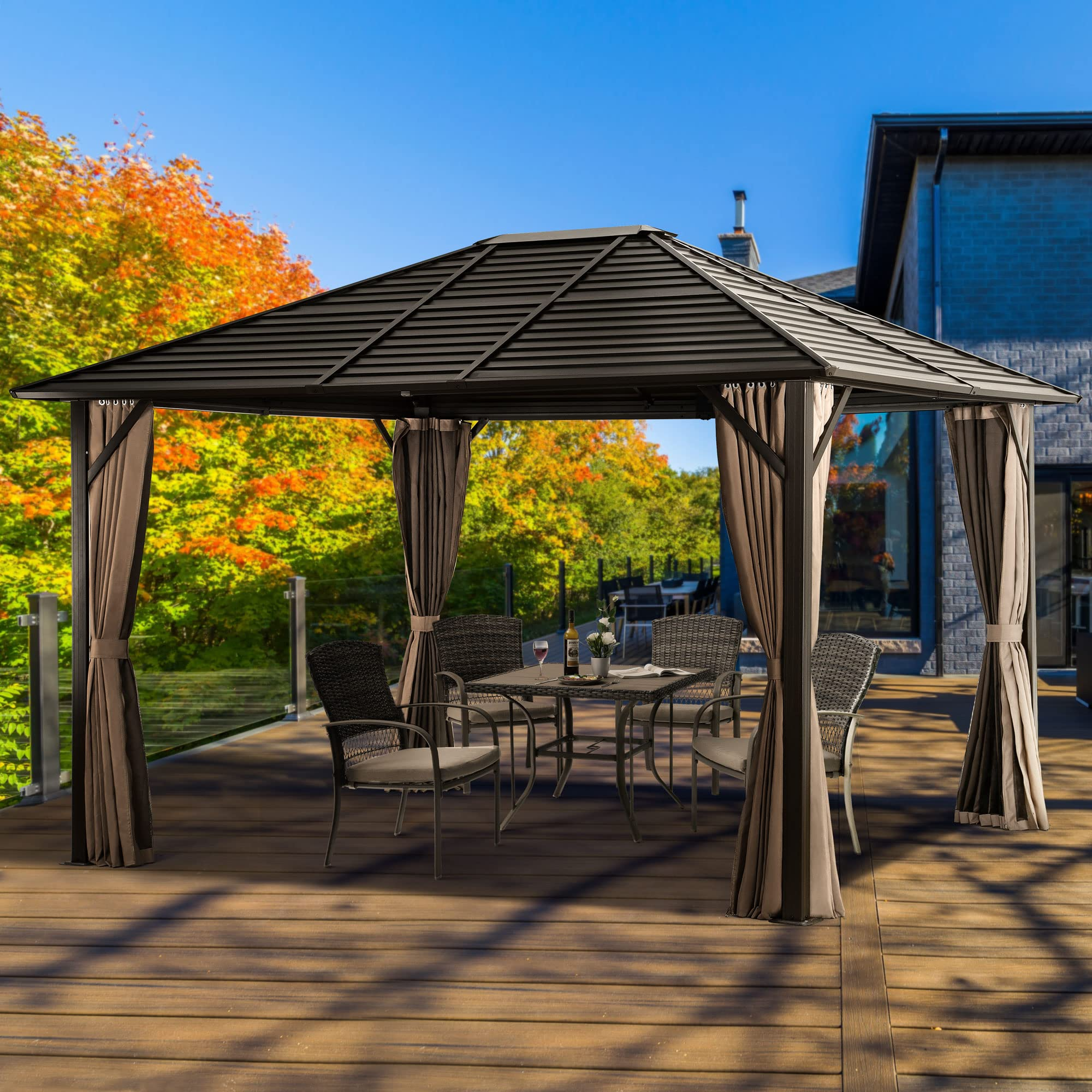 【Gazebo】10'x12' Patio Hardtop Gazebo with Fully Enclosed Zip Curtains & Breathable Mesh