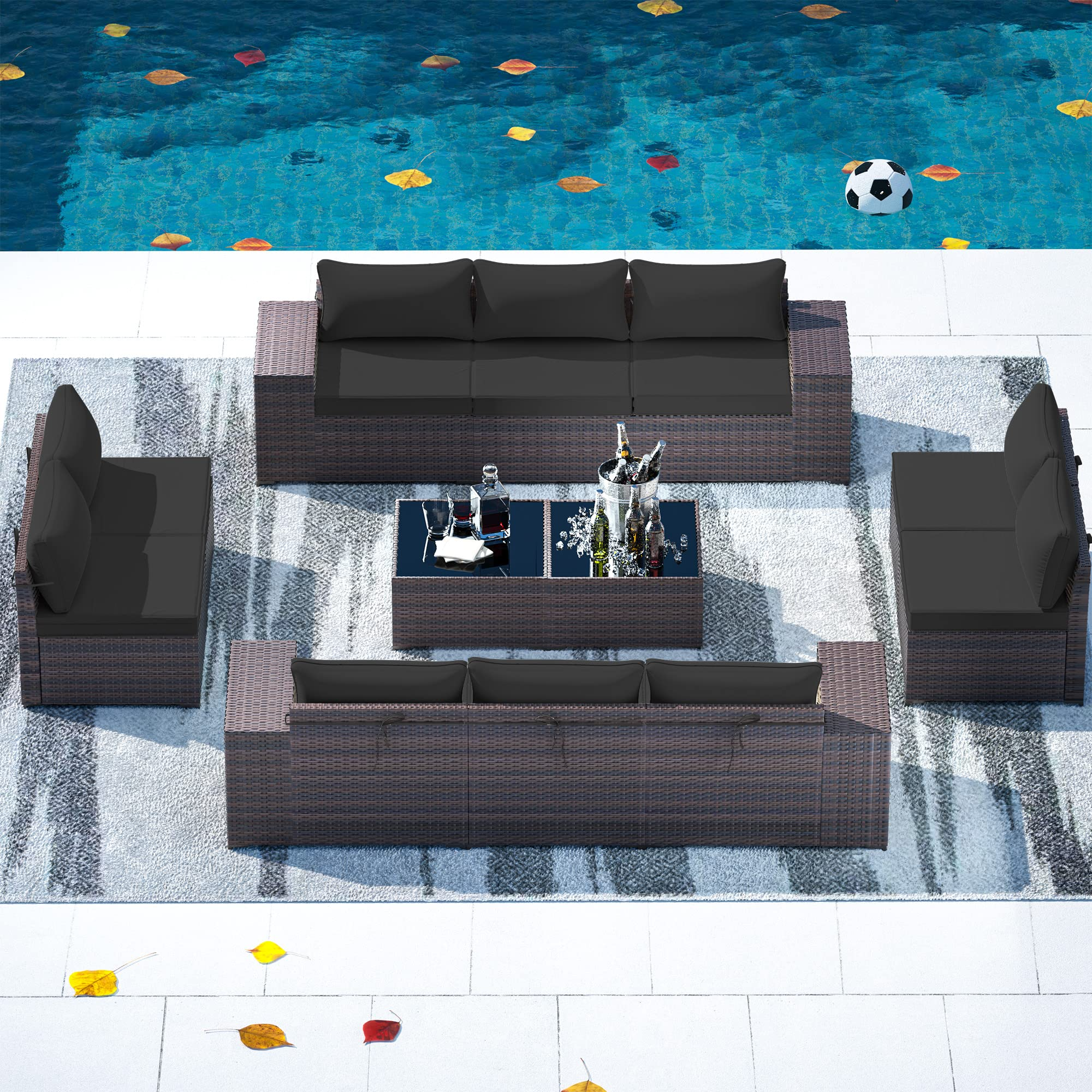 【Furniture】Outdoor Patio Furniture Sets 12-Pc Patio Sectional Furniture with Table & 10 Thickened Cushions