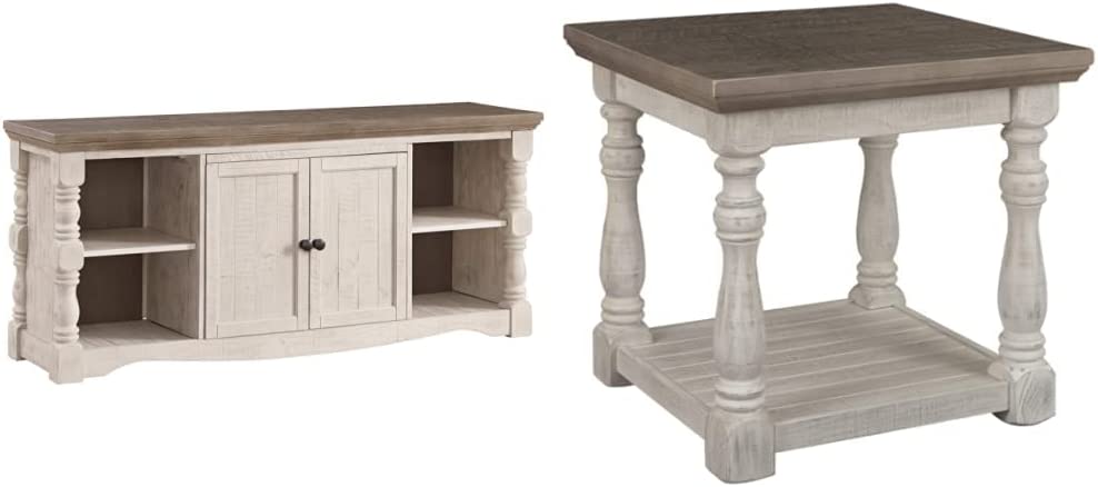 Signature Design by Ashley Havalance Farmhouse TV Stand Fits TVs up to 65", 2 Door Cabinet and Shelves For Storage, Vintage White & Weathered Gray