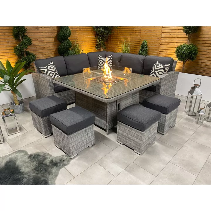 【Furniture】8 PCS Patio Furniture Set, Fire Table Set Sectional Outdoor Furniture Firepit Stone Grey